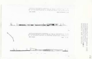 Jugendstrafanstalt, Berlin-Ruhleben (Diplomarbeit bei Bernhard Hermkes): Ansicht von Südwesten und Schnitt 1:200