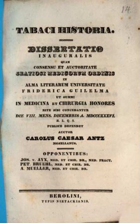 Tabaci historia : dissertatio inauguralis