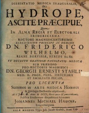 Dissertatio Medica Inauguralis, De Hydrope, Ascite Praecipue
