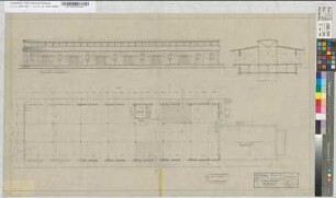 Bahnhof Essen-Rüttenscheid: Wiederaufbau des Güterschuppens: Ansicht, Grundriß, Schnitt [Abgelegt in Mappe: "Entwürfe von Th V"], M. 1:100 Hga, Sknr.: 4, Fanr.: 12