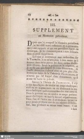 III. Supplement au Memoire précédent