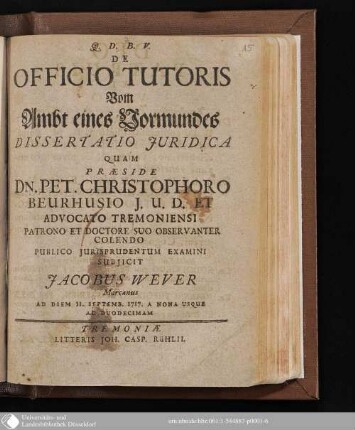 De Officio Tutoris : Dissertatio Juridica