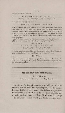 Sur les fonctions sysmétriques.
