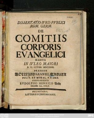 Dissertatio Ivris Pvblici Rom. Germ. De Comitiis Corporis Evangelici