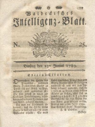No. 25, Dinstag den 23ten Junius 1789