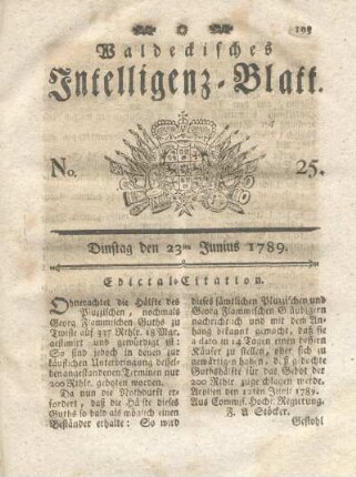 No. 25, Dinstag den 23ten Junius 1789