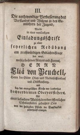 III. Die nothwendige Verbesserung des Verstandes und Willens in den Gemuethern der Jugend [...]