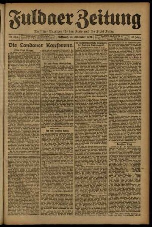 Erste Ausgabe vom Mittwoch, den 21. Dezember 1921.