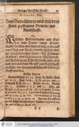 Titulus XIII. Von Verrähterey und mit dem Feind gepflogener Gemein- und Rundschafft