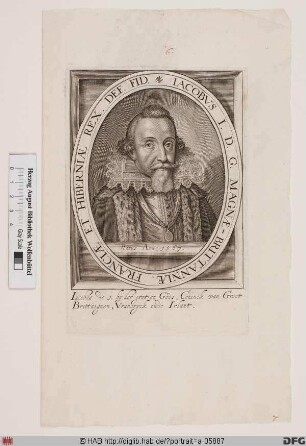 Bildnis Jakob (James) I. (Stuart), 1567 König von Schottland (als James VI.), 1603-25 von England u. Schottland