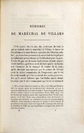 Mémoires du Maréchal de Villars publiés d'après le manuscrit original pour la société de l'histoire de France et accompagnés de correspondances inédites par M. le Mis de Vogüé, 4