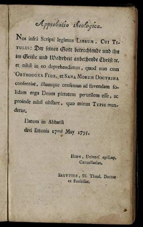 Approbatio theologica.