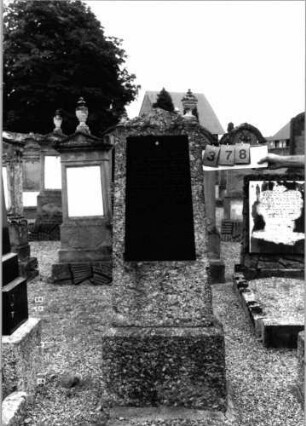 Grabstein 378 (Index: 99797384) Material: Granit, schwarze Glasplatte Zustand: gut Maße HxBxT: 174x54x25 cm Beschreibung: Obelisk, Sockel: Grabstein 378 (1)