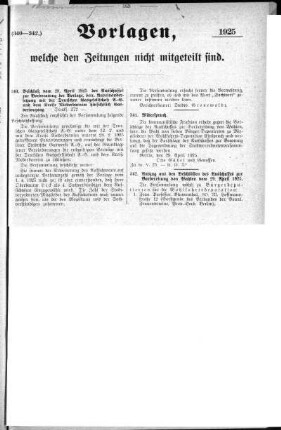 Anlage: (340-342.), Vorlagen, welche den Zeitungen nicht mitgeteilt sind, 1. Mai 1925