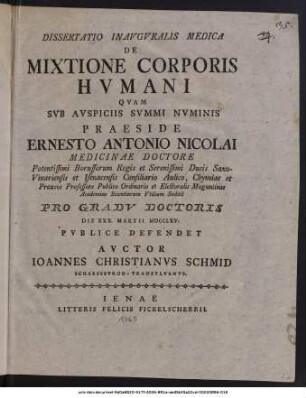 Dissertatio Inavgvralis Medica De Mixtione Corporis Hvmani
