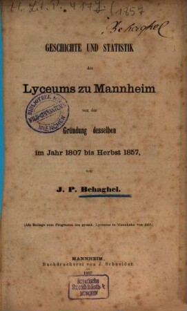 Programm des Grossherzoglichen Lyceums zu Mannheim. 1857, Beil.