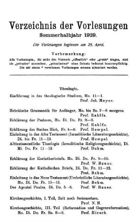 Verzeichnis der Vorlesungen Sommerhalbjahr 1929.