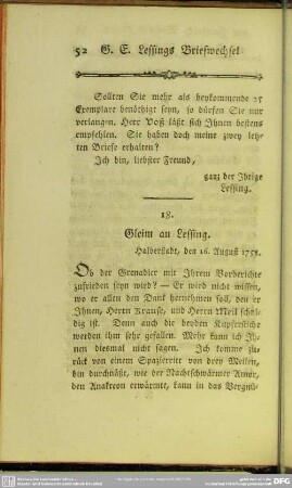 18. Gleim an Lessing. Halberstadt, den 16. August 1758