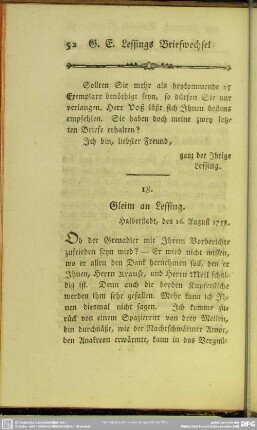 18. Gleim an Lessing. Halberstadt, den 16. August 1758