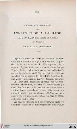2.Ser. 10.1889: Encore quelques mots sur l'inaptitude à la rage dans les races des chiens indigènes en Égypte