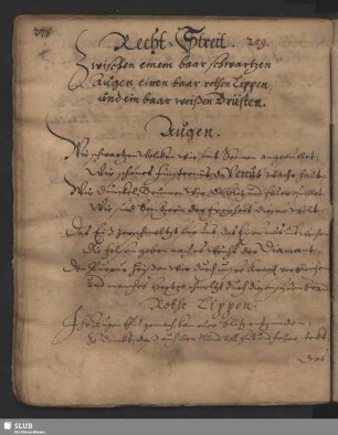 Recht-Streit Zwischen einem baar schwartzen Augen, einem baar rothen Lippen, und ein baar weißen Brüsten. [u.a.]