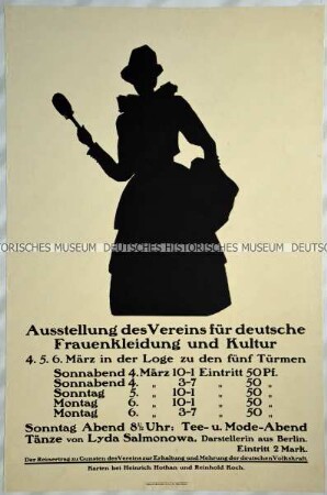 Plakat zu Veranstaltungen mit Mode, Tanz und Tee, deren Erlös dem "Bund zur Erhaltung und Mehrung der deutschen Volkskraft" zufließen sollte.