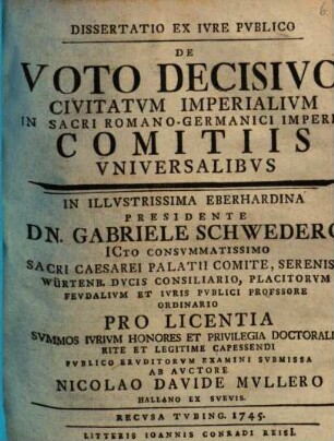 Dissertatio ex iure publico de voto decisivo civitatum imperialium in Sacri Romano-Germanici Imperii comitiis universalibus