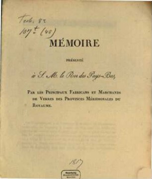 Mémoire présenté à S. M. le Roi des Pays-Bas