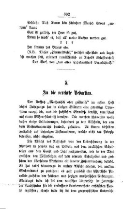 An die verehrte Redaktion. Über den Aufsatz "Mechanisch und geistreich"