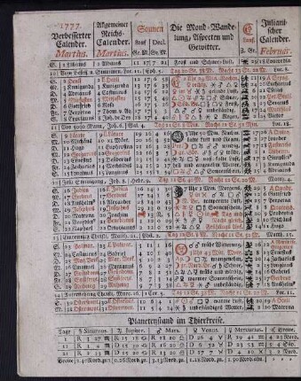 1777. Verbesserter Calender. Martius.