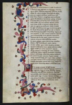Textseite mit Initiale und Schmuckleiste, fol. 30v, : Ovidii metamorphoseon libri XV., Textseite mit Initiale und Schmuckleiste, fol. 30v, Italien, 14. Jh. Pergament, Wasserfarben, Blattgold, Tinte; 24 x 16,2 cm (Blattgröße). Dresden: SLUB Mscr.Dresd.Dc.144