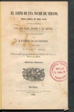 El sueño de una noche de verano : opera cómica en tres actos