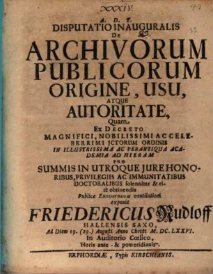 De archivorum publicorum origine, usu atque authoritate