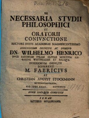 De Necessaria Stvdii Philosophici Et Oratorii Conivnctione