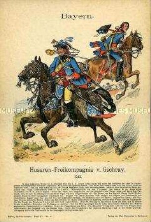 Uniformdarstellung, Husaren des Freikorps von Gschray, Kurfürstentum Bayern, um 1743.