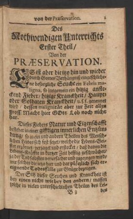 Des Nothwendigen Unterrichts Erster Theil/ Von der Praeservation.
