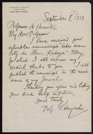 Nr. 2: Brief von Tsuruichi Hayashi an Adolf Hurwitz, Sendai, 8.9.1913