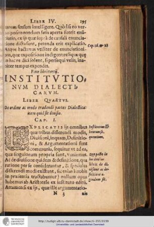 Intitvtio, Nvm Dialecticarvm, Liber Qvartvs. De ordine ac modo tradendi partes Dialectica: item quid sit diuisio.