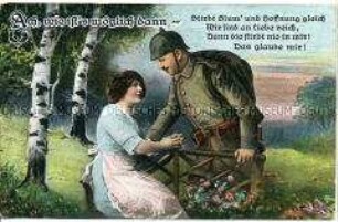 Postkarte mit Soldatenmotiv und Liedzeilen