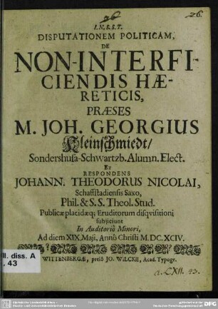 Disputationem politicam, de non-interficiendis haereticis
