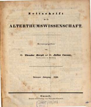 Zeitschrift für die Alterthumswissenschaft. 7, 7. 1849