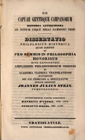 De Capuae gentisque Campanorum historia antiquissima ad initium usque belli Samnitici primi : dissertatio philologico historica