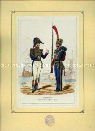 Uniformdarstellung, Offizier und Soldat der Marine in Parade-Uniform, Frankreich, 1804. Aus: Bellangé: Die Soldaten der französischen Republik und des Kaiserreichs.