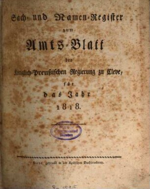 Amtsblatt der Königlichen Regierung zu Cleve. 1818