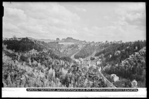 Sächsische Schweiz, Blick auf Schrammsteine mit Ostrau und Kirnitzschtal