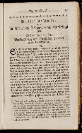Erstes Hauptstück. Vertheidigung der Christlichen Religion gegen die Atheisten.