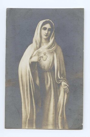 Darstellung Marias mit flammendem Herzen, langes Gewand, Glorie (kleines Andachtsbild)