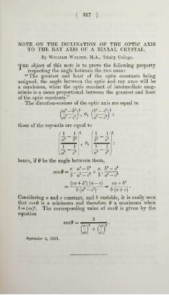 Note on the inclination of the optic axis to the ray axis of a biaxal crystal.