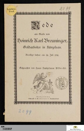 Rede am Grabe von Heinrich Karl Breuninger, Goldarbeiter in Künzelsau : Beerdigt dahier am 24. Julu 1891