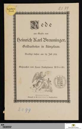 Rede am Grabe von Heinrich Karl Breuninger, Goldarbeiter in Künzelsau : Beerdigt dahier am 24. Julu 1891
